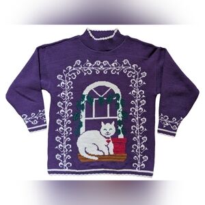 Vintage 1990s Made USA Purple Cat Lady Sweater, Size L, 40 In, Excellent